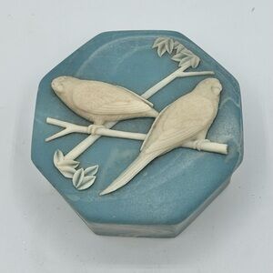 Vintage Blue Incolay Octagonal Jewelry Trinket Box Parrot Bird Top 3D 3.75"